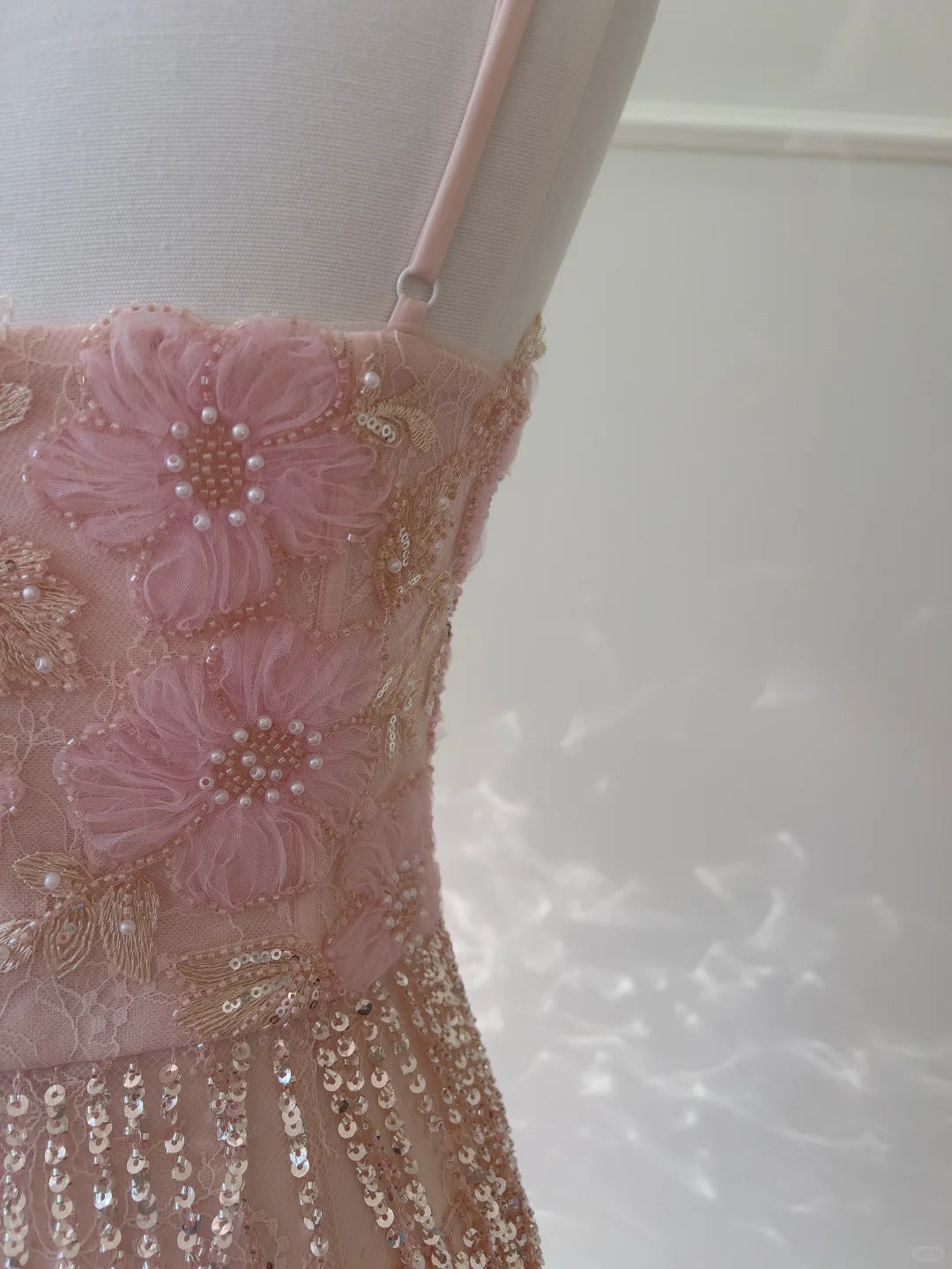 Gorgeous Pink Slim Square Neck 3D Flower Sequin Tassel Long Formal Prom Dress