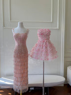 Gorgeous Pink Slim Square Neck 3D Flower Sequin Tassel Long Formal Prom Dress