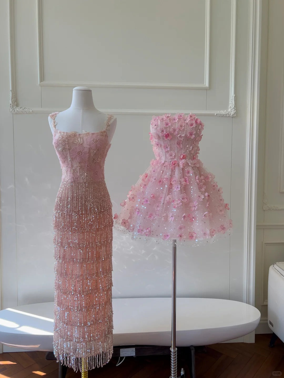 Gorgeous Pink Slim Square Neck 3D Flower Sequin Tassel Long Formal Prom Dress