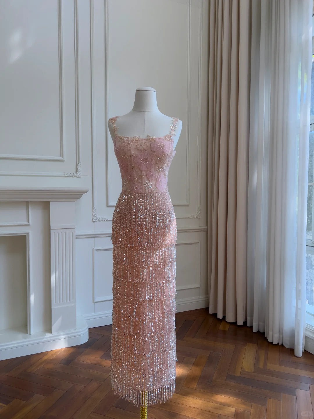 Gorgeous Pink Slim Square Neck 3D Flower Sequin Tassel Long Formal Prom Dress Main image