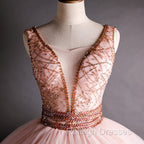 Gorgeous Pink V-neckline Beaded Ball Gown Formal Dresses, Pink Sweet 16 Dresses