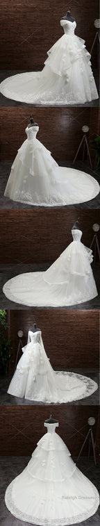 Gorgeous Princess Lace Appliques Beading Off Shoulder Ruffles Ball Gown Detachable Watteau Train Wedding Dress