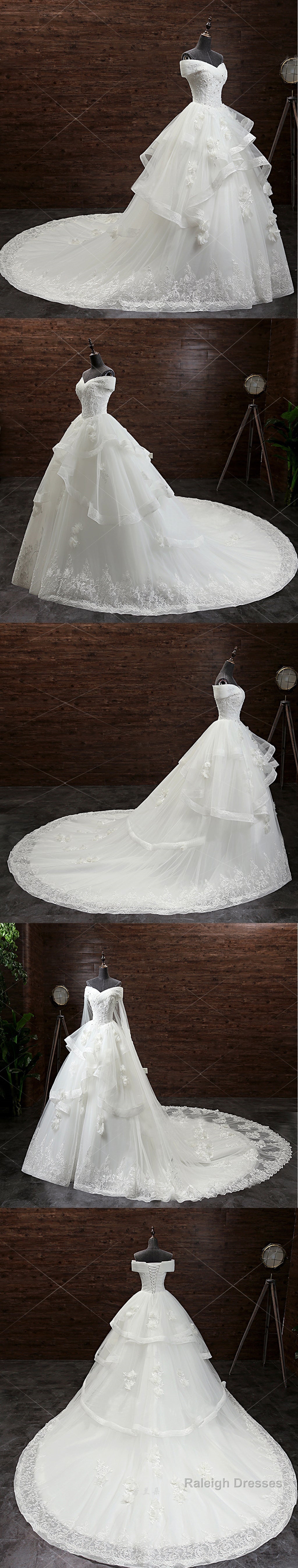 Gorgeous Princess Lace Appliques Beading Off Shoulder Ruffles Ball Gowns Detachable Watteau Train Wedding Dresses Secondary image