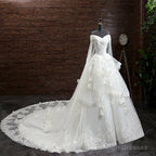 Gorgeous Princess Lace Appliques Beading Off Shoulder Ruffles Ball Gown Detachable Watteau Train Wedding Dress