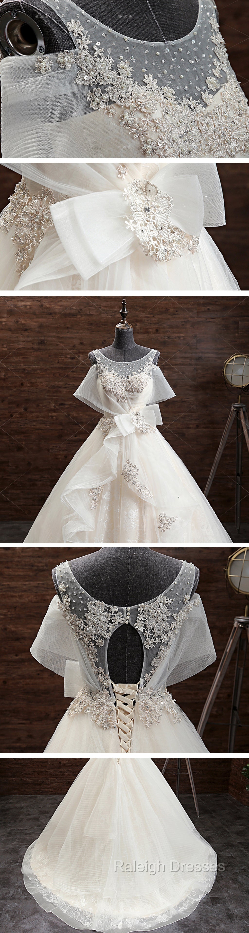 Gorgeous Princess Lace Appliques Beading Yarn Back Unique Sleeve Pretty Bow Ruffles Ball Gown Wedding Dress