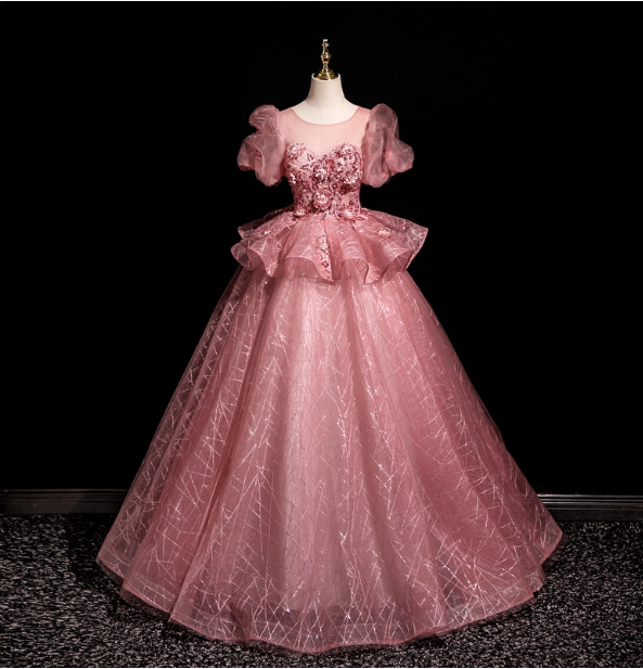 Gorgeous Princess Pink Crew Neck Puff Sleeve Tulle Ball Gown Prom Dress Sweet 16 Dress