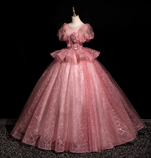 Gorgeous Princess Pink Crew Neck Puff Sleeve Tulle Ball Gown Prom Dress Sweet 16 Dress