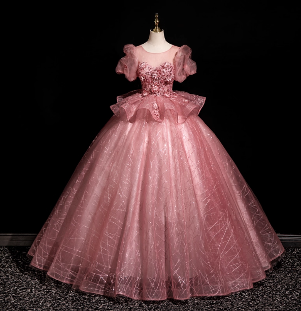 Gorgeous Princess Pink Crew Neck Puff Sleeve Tulle Ball Gown Prom Dress Sweet 16 Dress Main image