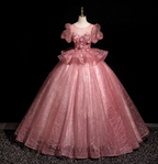 Gorgeous Princess Pink Crew Neck Puff Sleeve Tulle Ball Gown Prom Dress Sweet 16 Dress