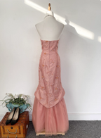 Gorgeous Princess Pink Mermaid Sweetheart Neck Embroidered Floral Satin Tulle Long Formal Prom Dress