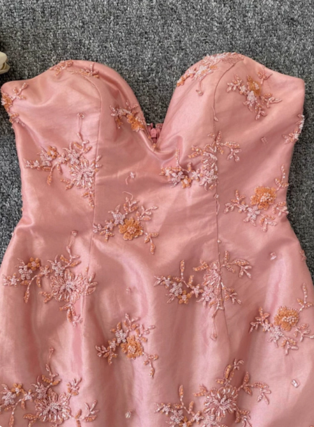 Gorgeous Princess Pink Mermaid Sweetheart Neck Embroidered Floral Satin Tulle Long Formal Prom Dress