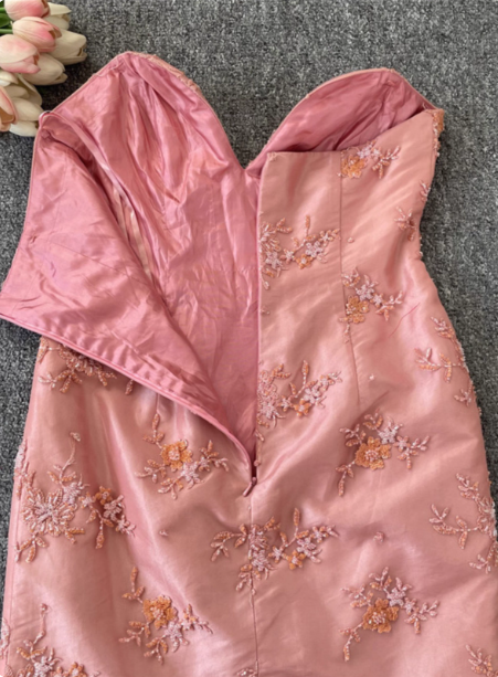 Gorgeous Princess Pink Mermaid Sweetheart Neck Embroidered Floral Satin Tulle Long Formal Prom Dress