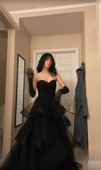 Princess A Line Sweetheart Neck Black Tiered Tulle Long Prom Dress Evening Dress