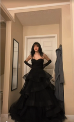 Princess A-Line Sweetheart Neck Black Tiered Tulle Prom Dresses Long Prom Dresses