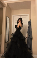 Princess A-Line Sweetheart Neck Black Tiered Tulle Prom Dresses Long Prom Dresses
