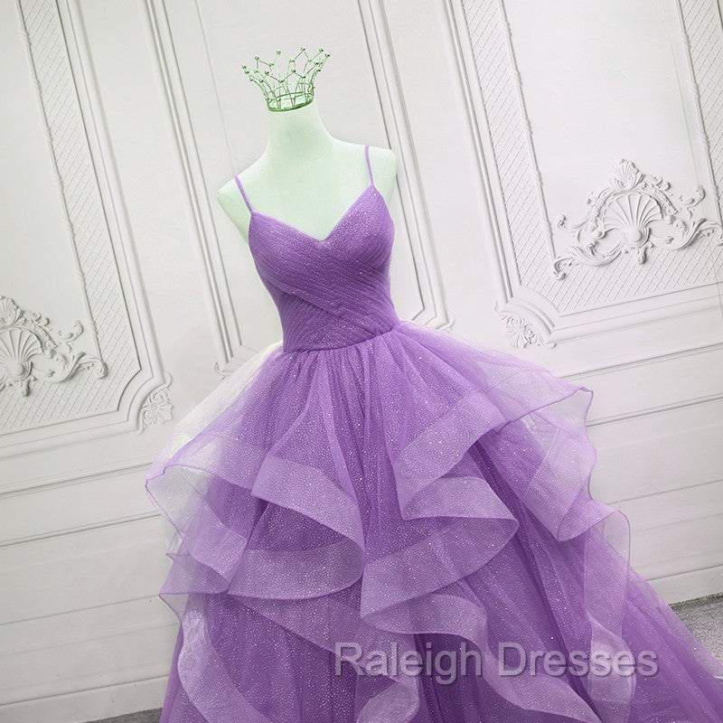 Gorgeous Purple Straps Layers Tulle V-neckline Long Evening Dress, Light Purple Prom Dresses Secondary image