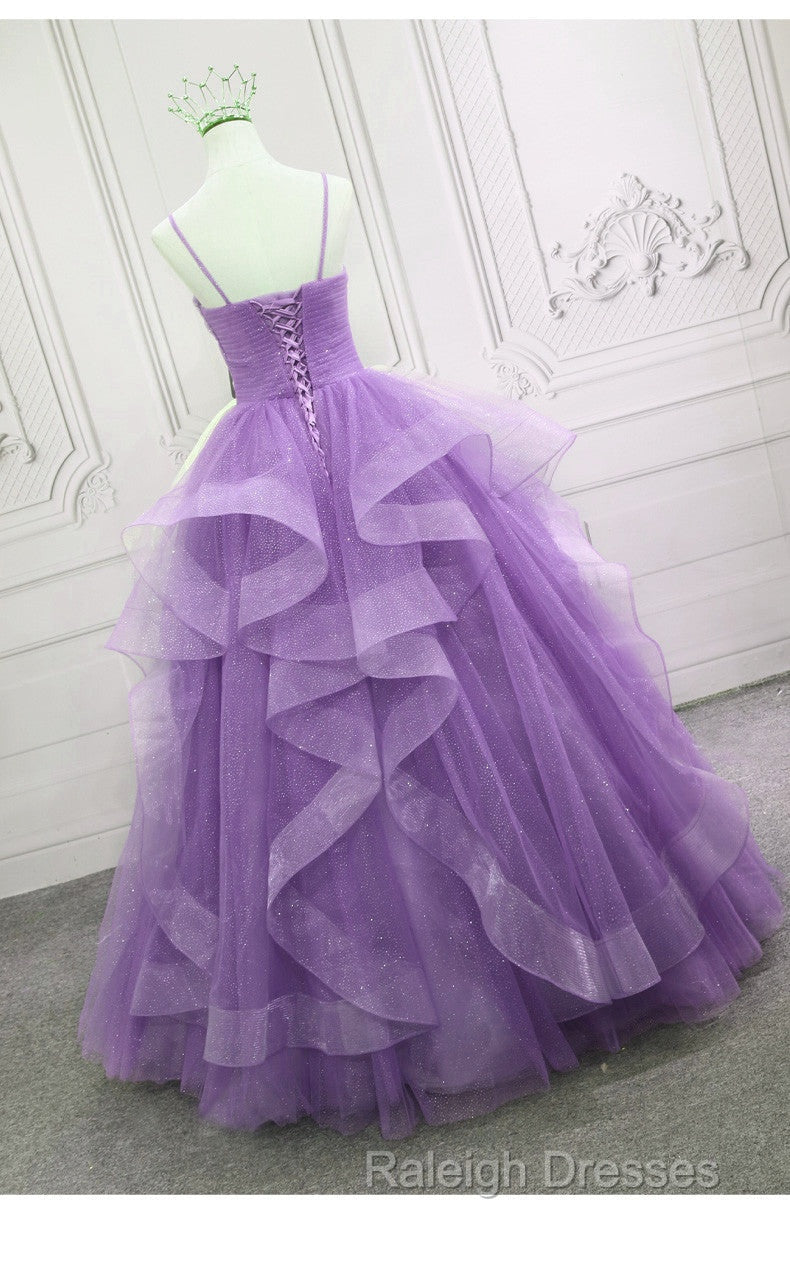 Gorgeous Purple Straps Layers Tulle V Neckline Long Prom Dress, Light Purple Prom Dresses