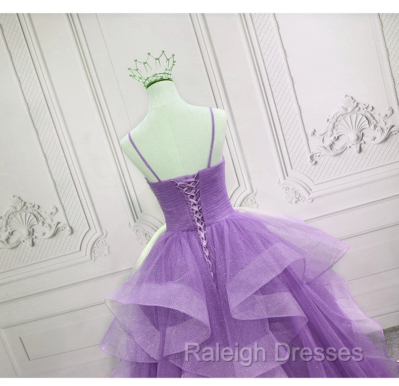Gorgeous Purple Straps Layers Tulle V-neckline Long Evening Dress, Light Purple Prom Dresses
