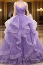 Gorgeous Purple Straps Layers Tulle V-neckline Long Evening Dress, Light Purple Prom Dresses