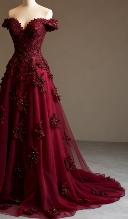 Gorgeous Red A-Line Off-The-Shoulder Tulle Beaded Prom Dresses Long Prom Applique Prom Dresses