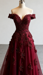 Gorgeous Red A-Line Off-The-Shoulder Tulle Beaded Prom Dresses Long Prom Applique Prom Dresses