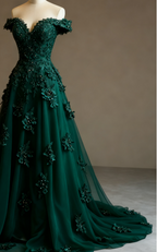 Gorgeous Red A-Line Off-The-Shoulder Tulle Beaded Prom Dresses Long Prom Applique Prom Dresses
