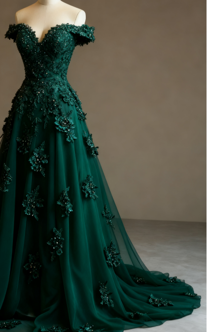 Gorgeous Red A-Line Off-The-Shoulder Tulle Beaded Prom Dresses Long Prom Applique Prom Dresses