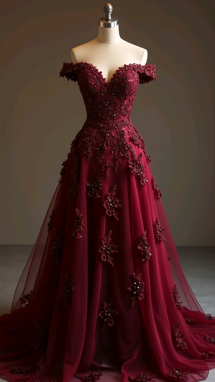 Gorgeous Red A-Line Off-The-Shoulder Tulle Beaded Prom Dresses Long Prom Applique Prom Dresses Main image