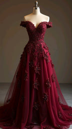 Gorgeous Red A-Line Off-The-Shoulder Tulle Beaded Prom Dresses Long Prom Applique Prom Dresses