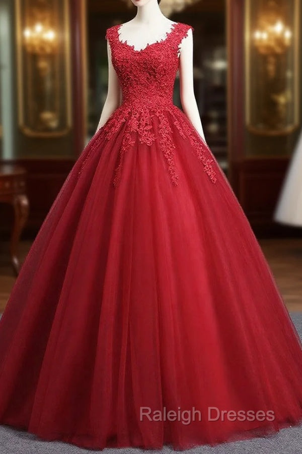 Gorgeous Red Ball Gowns Sweet 16 Gowns, Red Tulle with Lace Applique Prom Dresses Secondary image