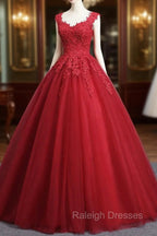 Gorgeous Red Ball Gowns Sweet 16 Gowns, Red Tulle with Lace Applique Prom Dresses