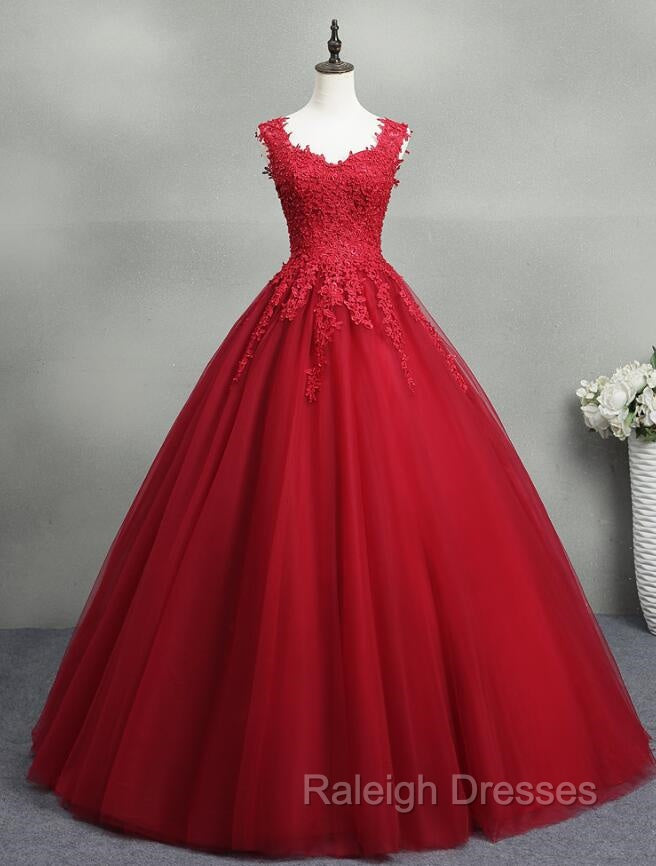 Gorgeous Red Ball Gowns Sweet 16 Gowns, Red Tulle with Lace Applique Prom Dresses