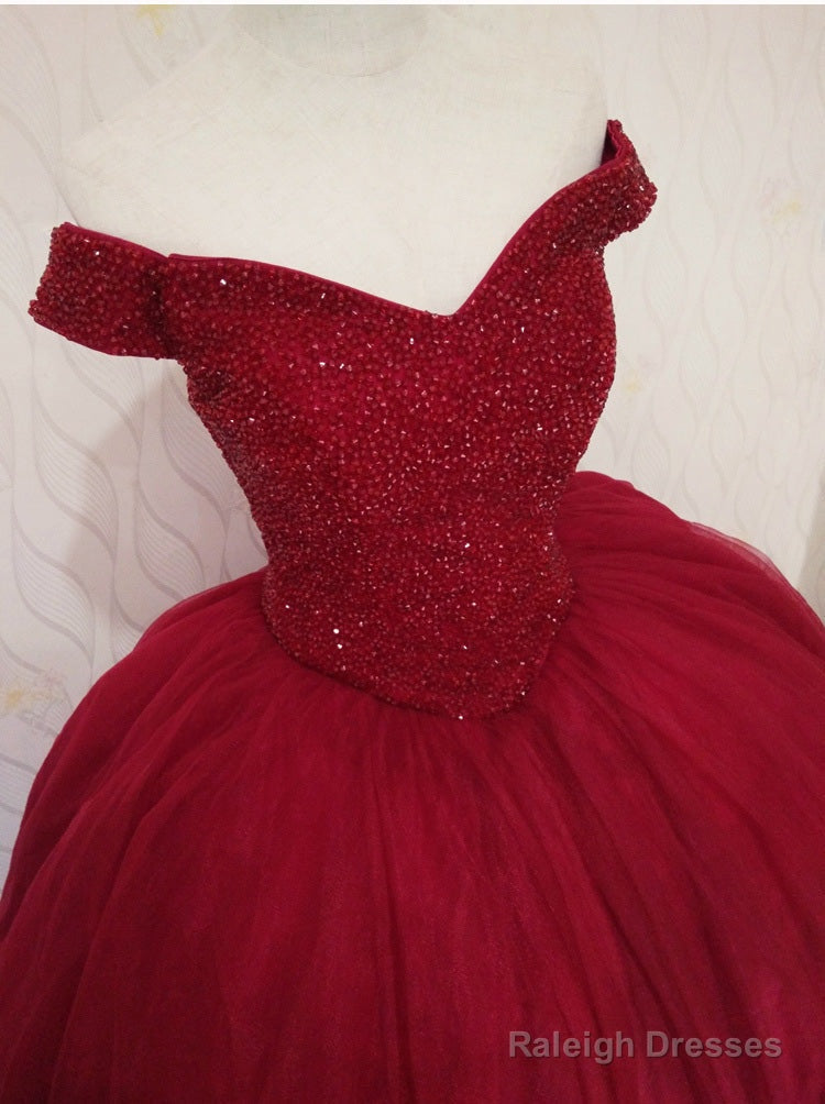 Gorgeous Red Off Shoulder Sparkle Sweet 16 Gown, Red Puffy Tulle Gown