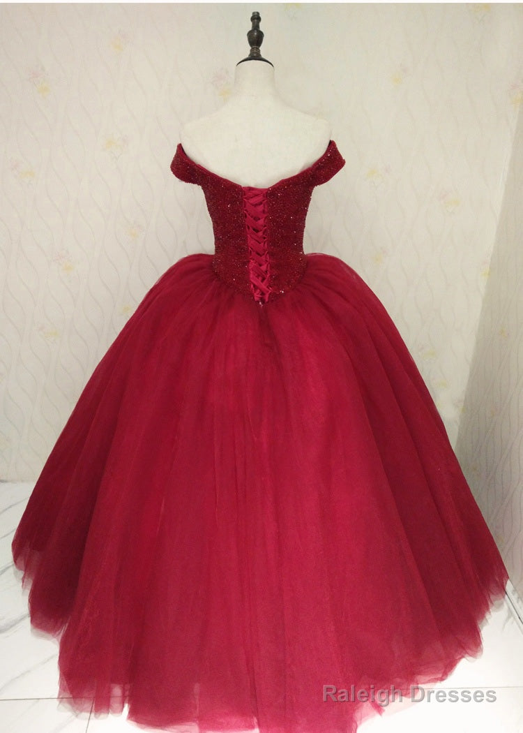 Gorgeous Red Off Shoulder Sparkle Sweet 16 Gown, Red Puffy Tulle Gown