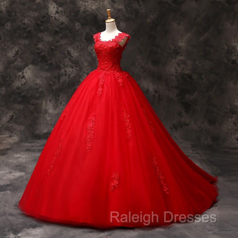 Gorgeous Red Tulle Ball Gown Long Formal Dress with Lace Flowers, Red Sweet 16 Dresses Secondary image
