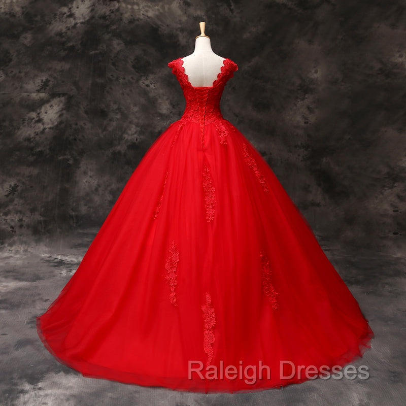 Gorgeous Red Tulle Ball Gown Long Formal Dress with Lace Flowers, Red Sweet 16 Dresses