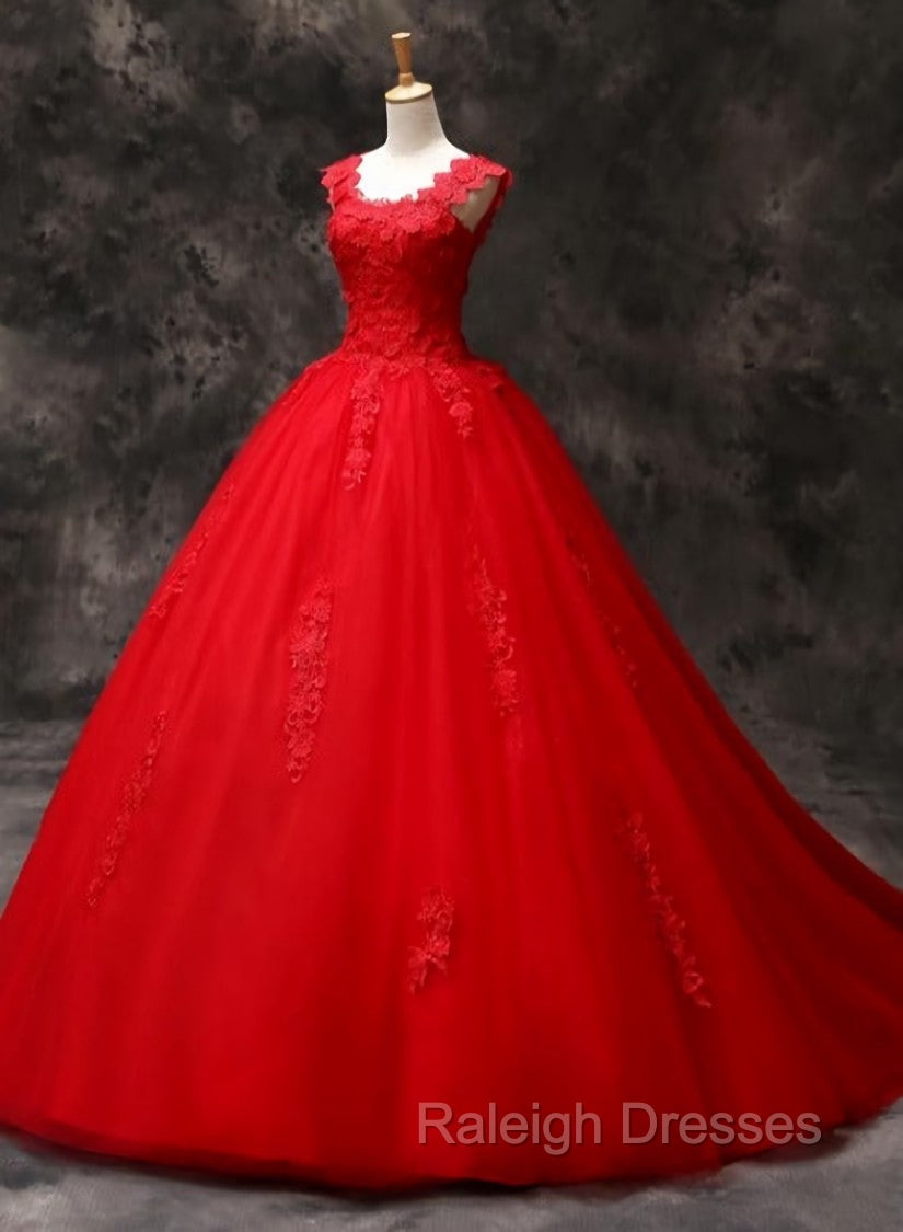 Gorgeous Red Tulle Ball Gown Long Formal Dress with Lace Flowers, Red Sweet 16 Dresses Main image