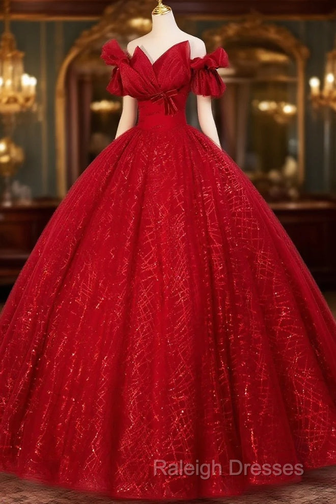 Gorgeous Red Tulle Ball Gown Off Shoulder Sweet 16 Dress, Red Long Formal Dress Main image