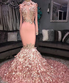 Gorgeous Round Neck Flower Long Sleevess Sequins Mermaid Prom Dresses