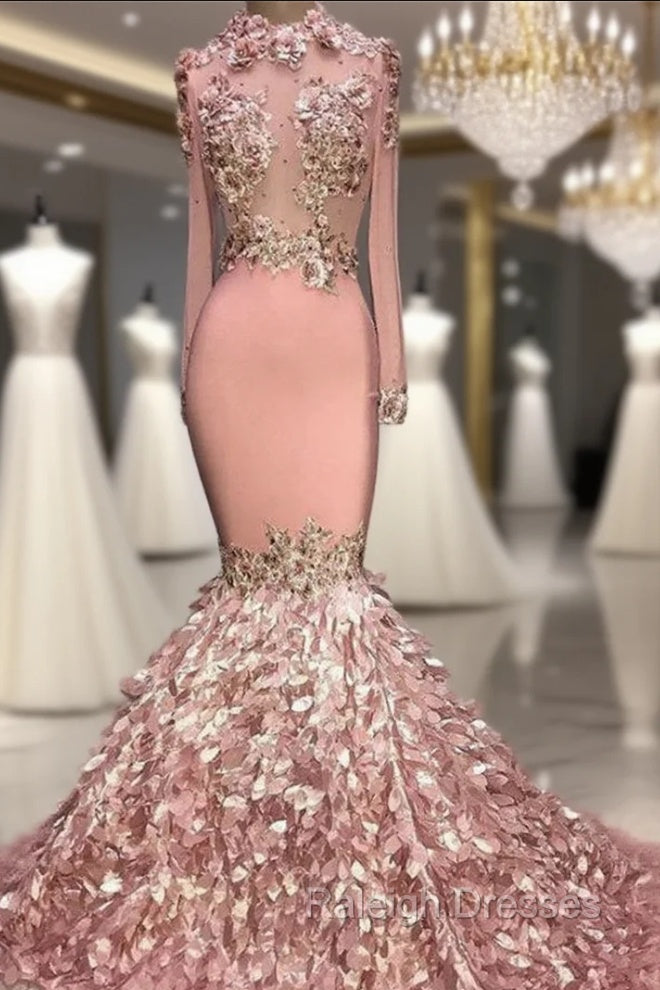 Gorgeous Round Neck Flower Long Sleevess Sequins Mermaid Prom Dresses Main image