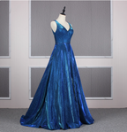 Gorgeous Royal Blue A-Line V-Neck Backless Satin Train Formal Prom Dress
