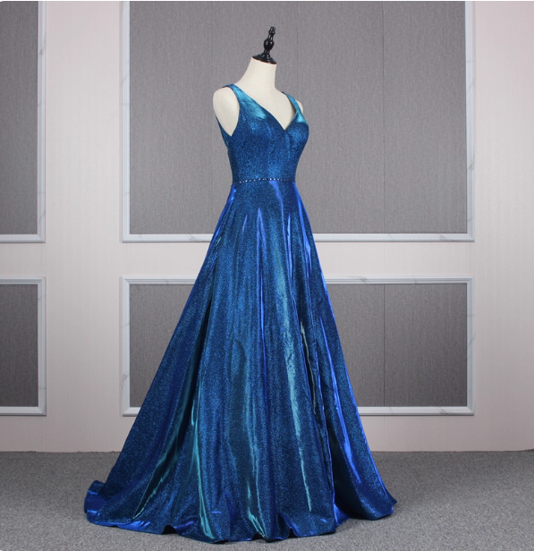 Gorgeous Royal Blue A-Line V-Neck Backless Satin Train Formal Prom Dress