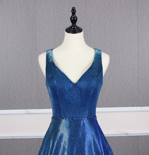 Gorgeous Royal Blue A-Line V-Neck Backless Satin Train Formal Prom Dress