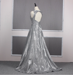 Gorgeous Royal Blue A-Line V-Neck Backless Satin Train Formal Prom Dress