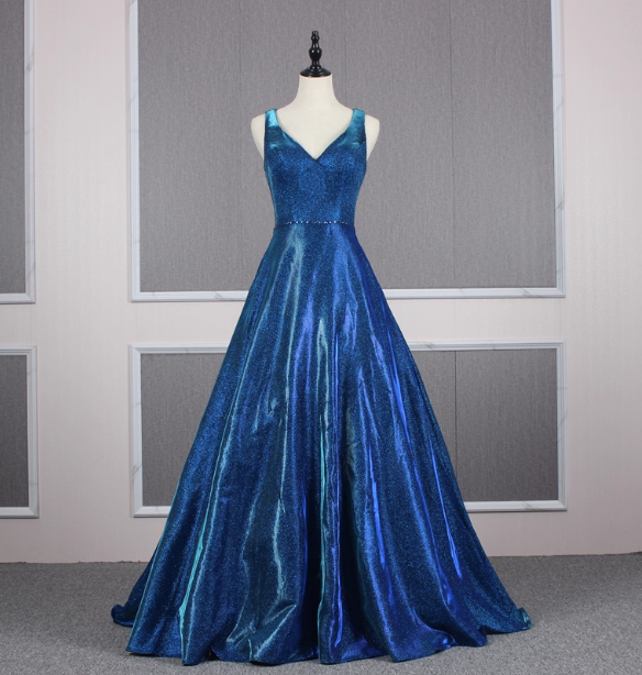 Gorgeous Royal Blue A-Line V-Neck Backless Satin Train Formal Prom Dress Main image