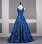 Gorgeous Royal Blue A-Line V-Neck Backless Satin Train Formal Prom Dress