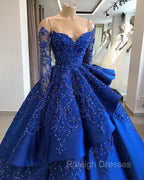 Gorgeous Royal Blue Lace Ruffled Prom Prom Gown| Strapless Sweetheart Beads Quinceanera Dresses