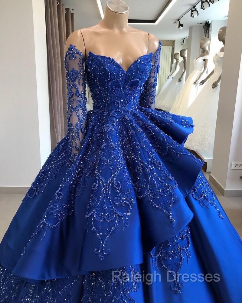 Gorgeous Royal Blue Lace Ruffled Prom Prom Gown| Strapless Sweetheart Beads Quinceanera Dresses