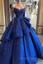 Gorgeous Royal Blue Lace Ruffled Prom Prom Gown| Strapless Sweetheart Beads Quinceanera Dresses