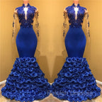 Gorgeous Royal Blue Prom Dresses Long Sleevess Evening Gowns with Rose Flowers